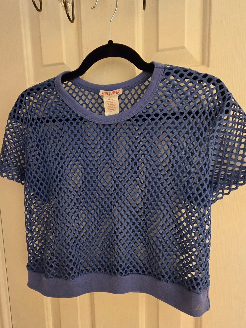 Luna Peak Periwinkle Blue Fishnet Mesh Crewneck Crop Top Med EUC